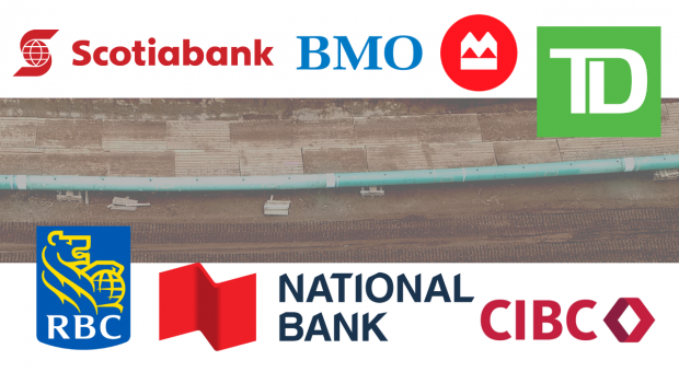 Trans Mountain pipeline constructions cuts a swath through a wooded area with the logos of the banks funding the project surrounding it.