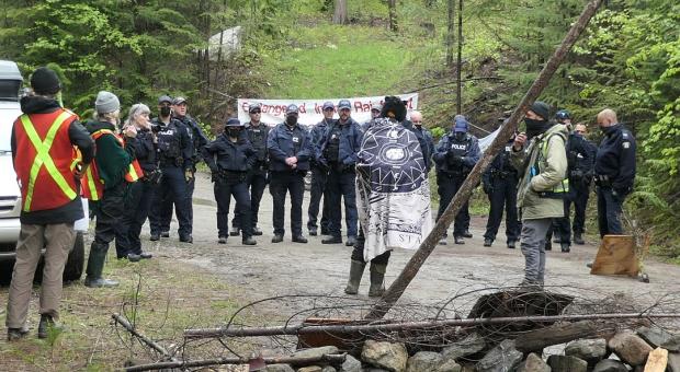 A group of people standing in front of a row of police in the forest. 