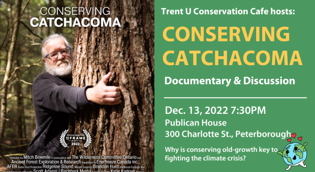 A photo of a man hugging a tree. Text on the image gives information about the date and location of the screening. End of image description.