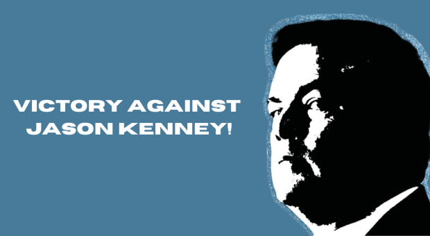 A black and white photo of Jason Kenney. Text on the image says "Victory Against Jason Kenney". End of image description.
