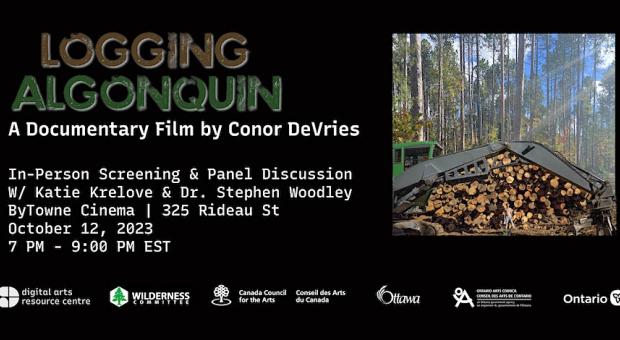 A photo of a person posing in front of logged trees and logging equipment, text over the image gives more information about the screening. End of image description. 