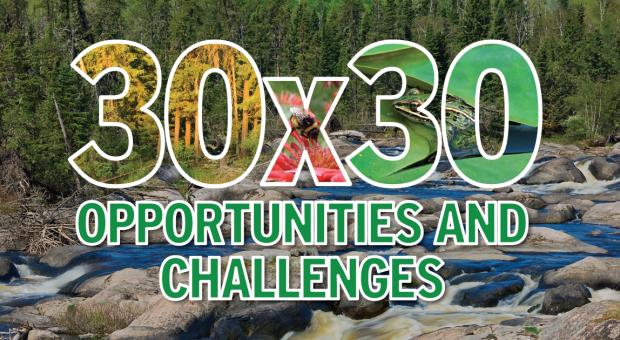 A rocky stream with text over the image that says "30 by 30, opportunities and challenges." End of image description. 