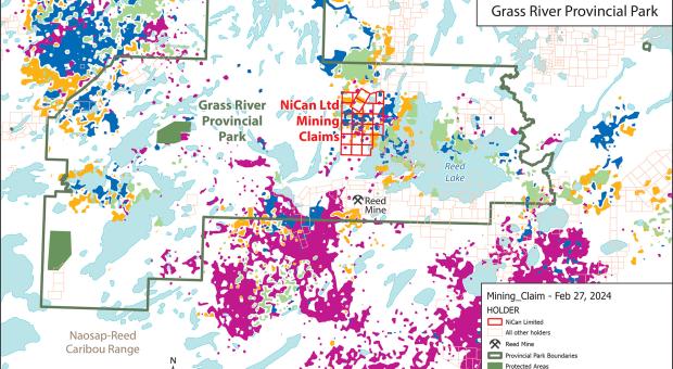 NiCan Ltd. Mining Claims and Caribour Telemetry Locations in and around Grass River Provincial Park