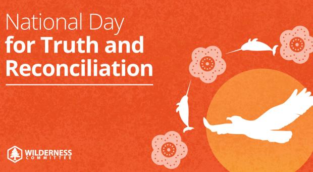 An orange background with text over it that says "National Day for Truth and Reconciliation." Graphics of beaded flowers, two narwhals and an eagle flying on the bottom corner. 
