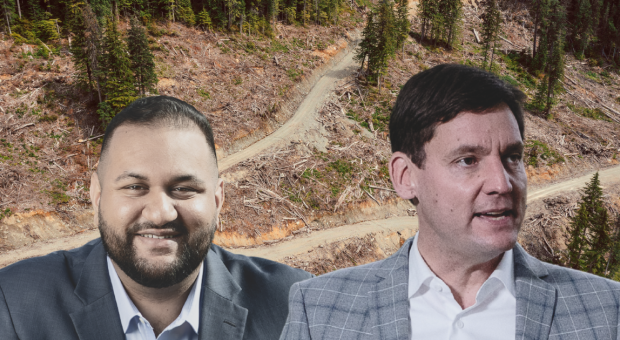 Photos: Ravi Parmar (BC NDP, CC by 2.0); David Eby (BC NDP, CC by 2.0); Clearcut forest (Agathe Bernard)
