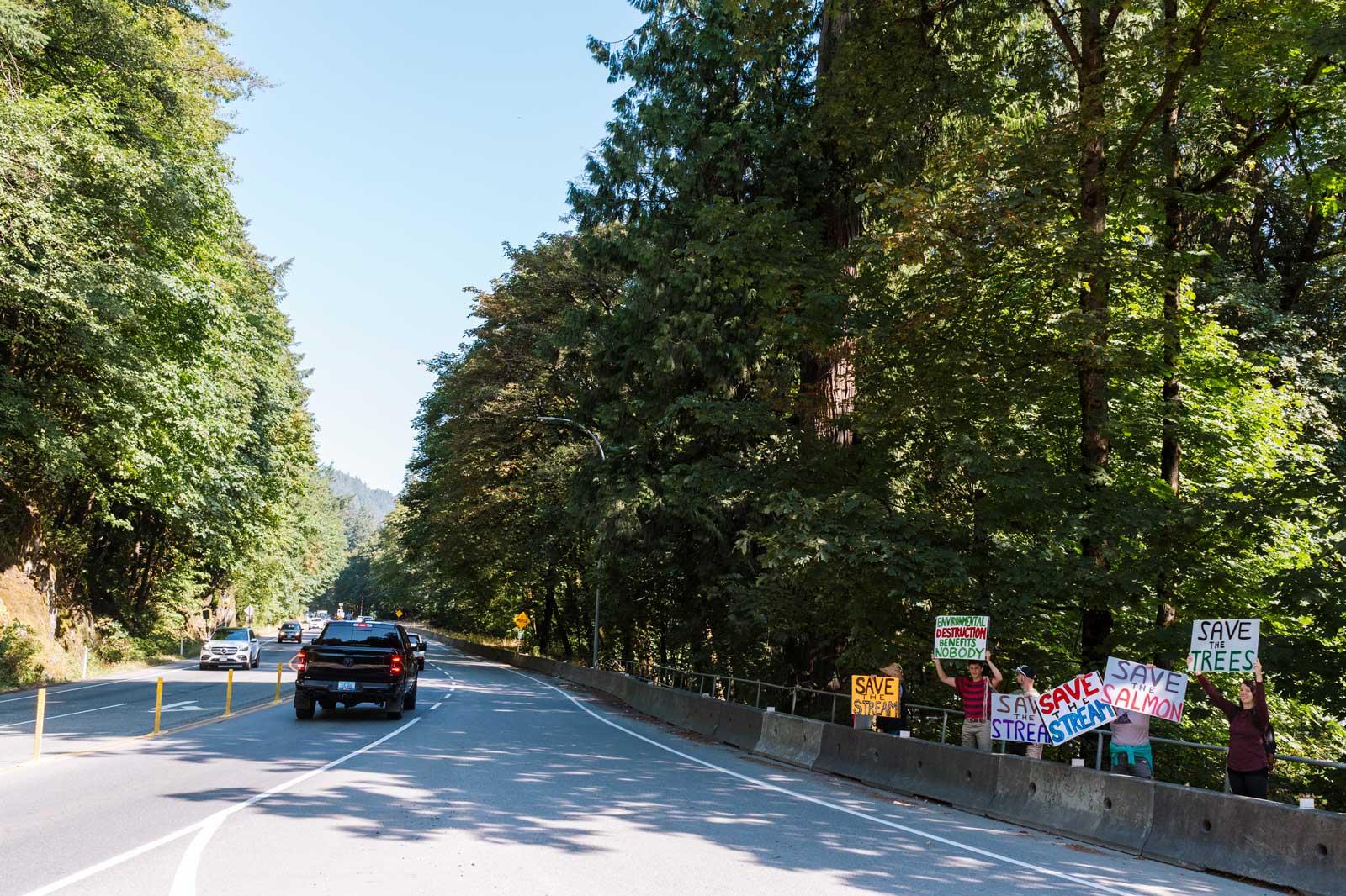 Elder Carl with WC staff and supporters by Malahat Highway protesting expansion