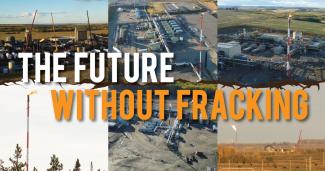 Various photos of fracking operations with big text over the collage that says "The future without fracking". End of image description.