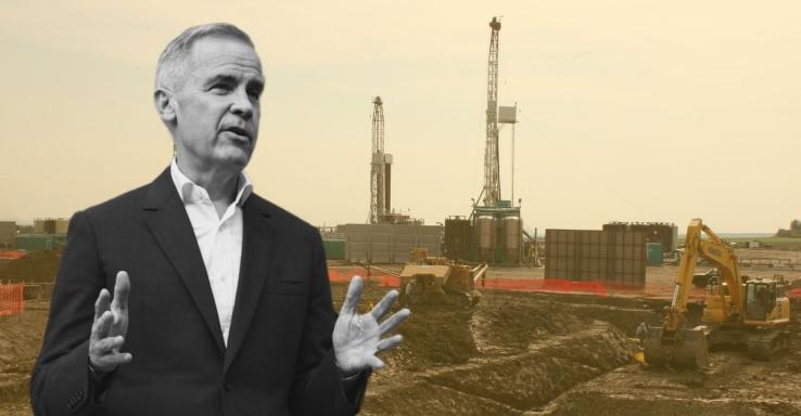 This is an image of PM Mark Carney superimposed on a photograph of mining operations.