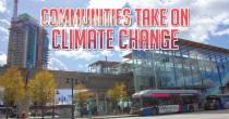 A bus at a skytrain station. There is construction on a skyscraper in the background. Text over the image says "Communities take on Climate Change." End of image description.
