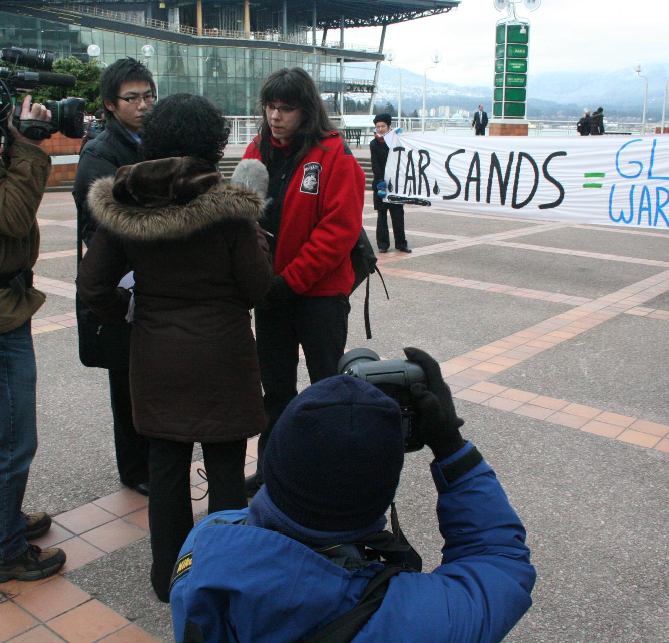 Media interview at Canada Place in Vancouver about the tar sands.