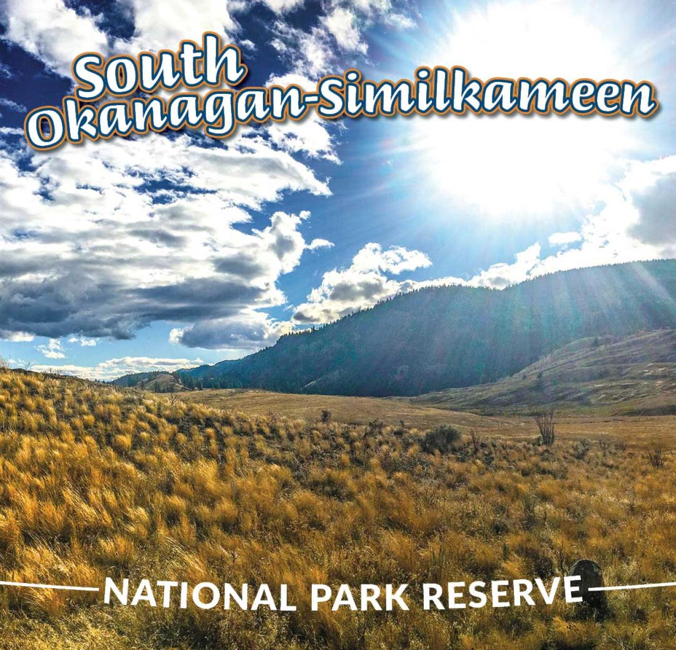 A landscape photo taken near White Lake grasslands with a bright sun on a blue sky with clouds.