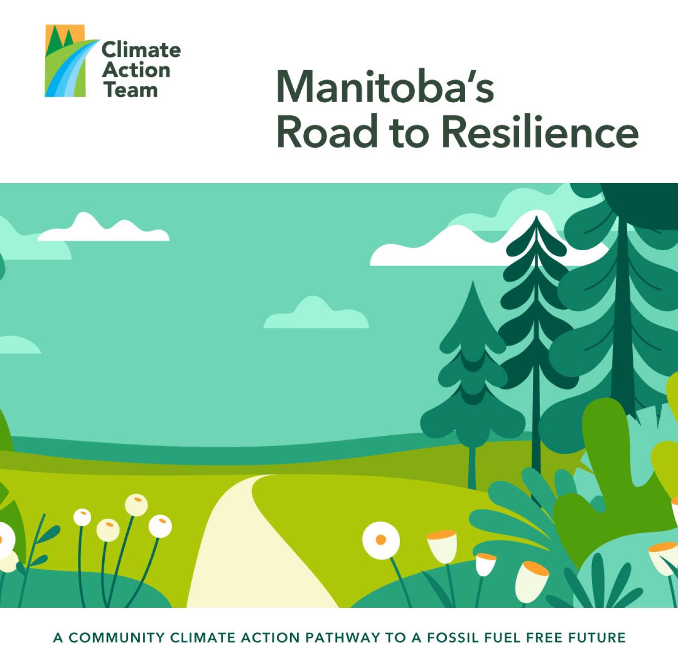 A Digital illustration done by the Manitoba Climate Action Team, of nature along a hiking path.