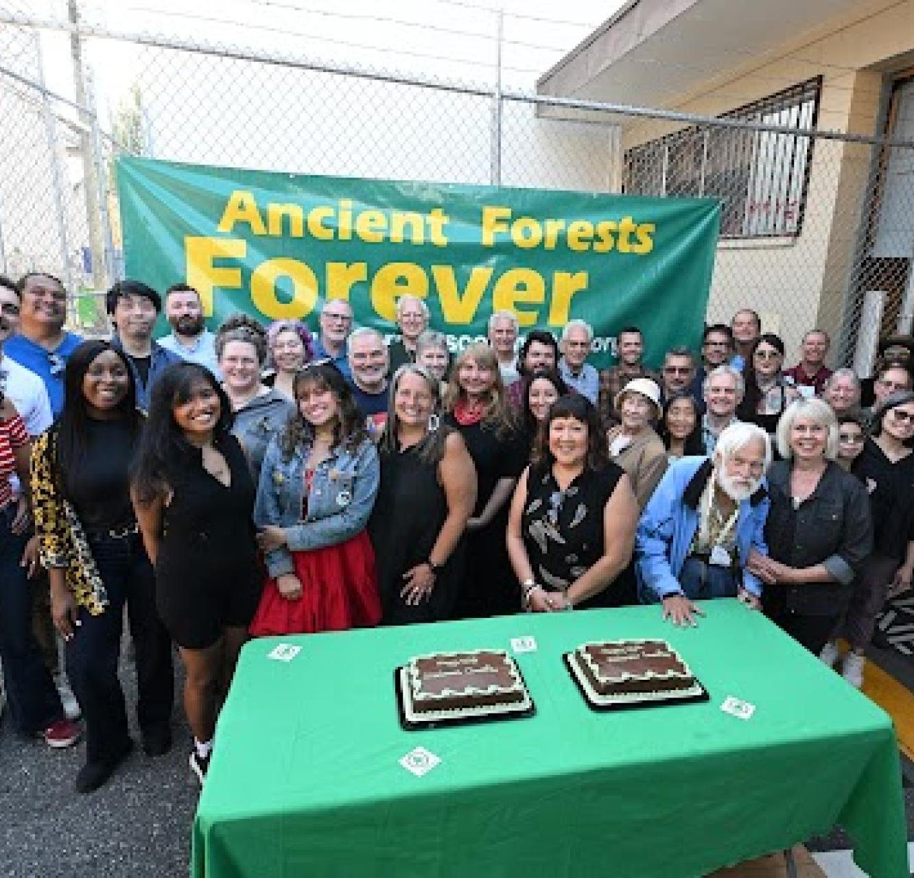 Staff, board, allies and friends gather in front of a cake to celebrate our 45th anniversary