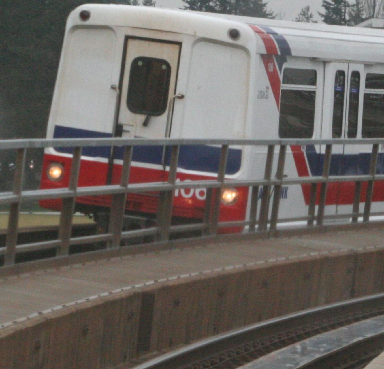 Skytrain on tracks in Vancouver.