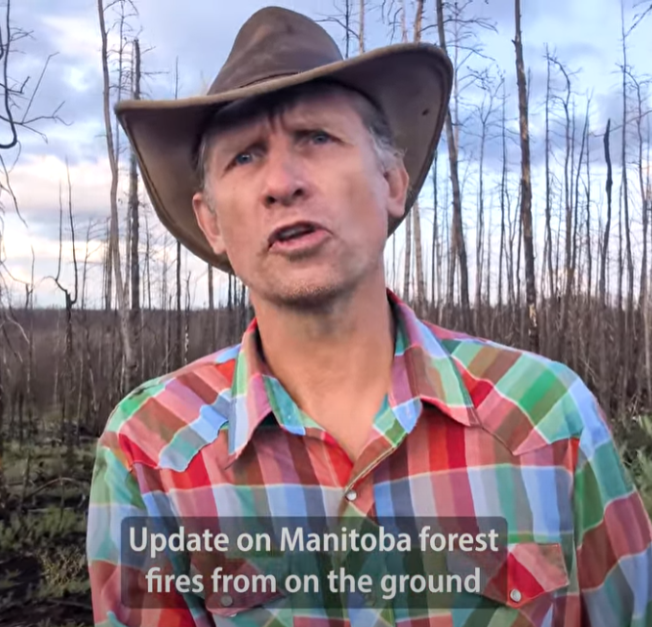 A tall middle aged man in a colorful flannel shirt and a floppy hat stands in a burned forest