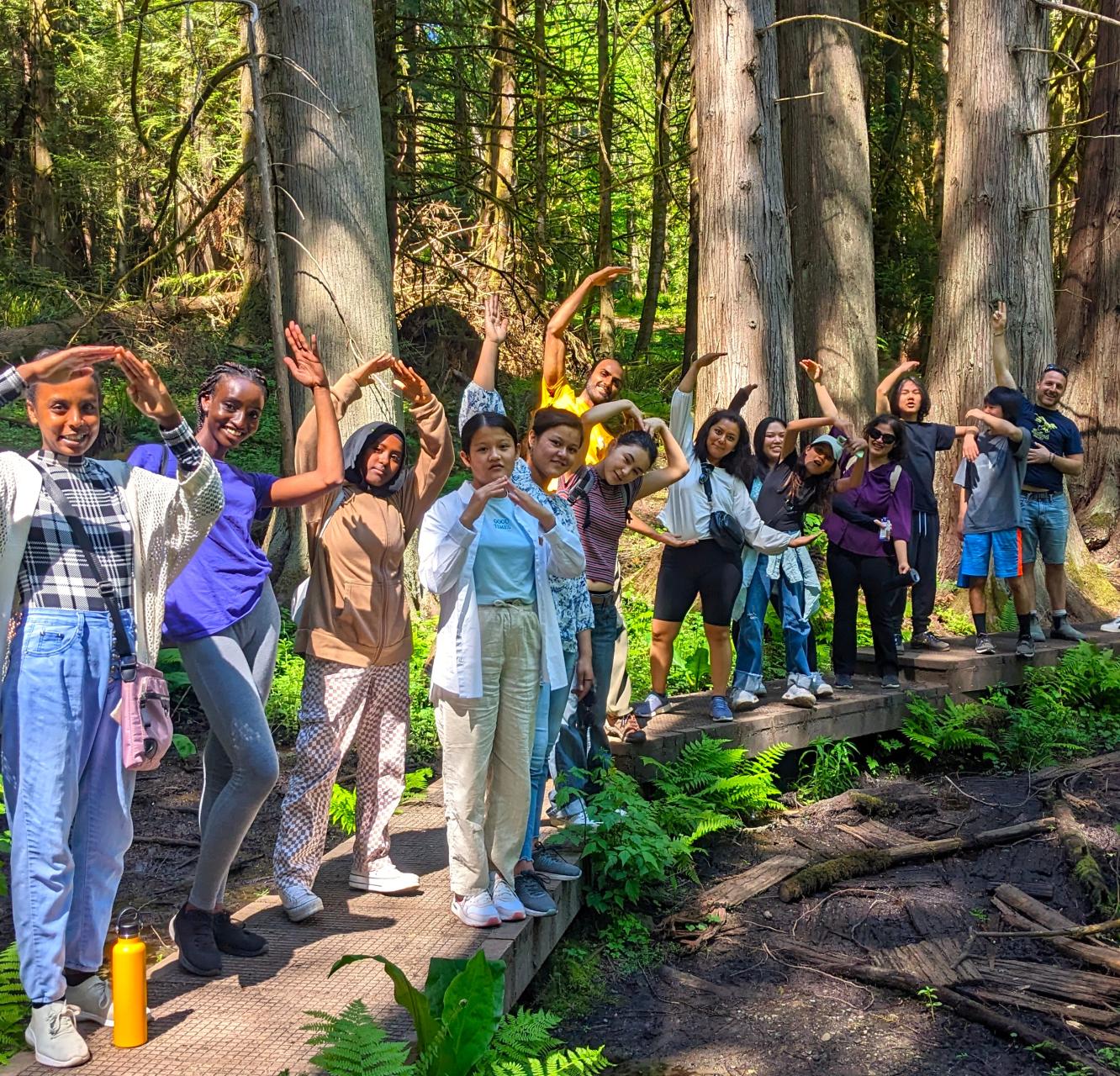 A long line of students lean in and make hearts with their hands while standing on a boardwalk in an old-growth forest. The ground around the boardwalk is filled with green ferns, and the tree trunks are thick and smooth.