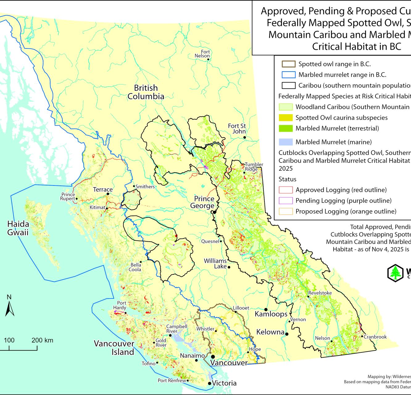 Map of Approved, Pending & Proposed Cutblocks in Federally Mapped Spotted Owl, Southern Mountain Caribou and Marbled Murrelet Critical Habitat in BC