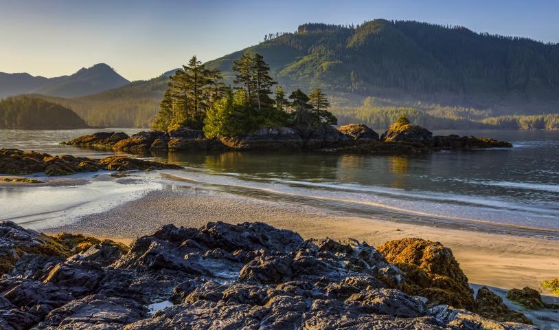 A small lump of lands with fir trees growing sticks out from the shallow shoreline of a lake with smooth waters. A towering mountain covered in forest rises in the background.