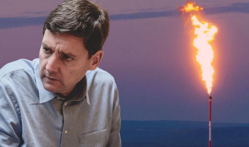 David Eby's photo on top of a photo of a flare stack.