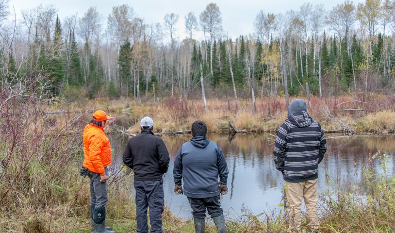 Four people stand at the edge of a wetland with their backs to the camera.  The one on the far left, an older man wearing hunting orange, gestures across the water.