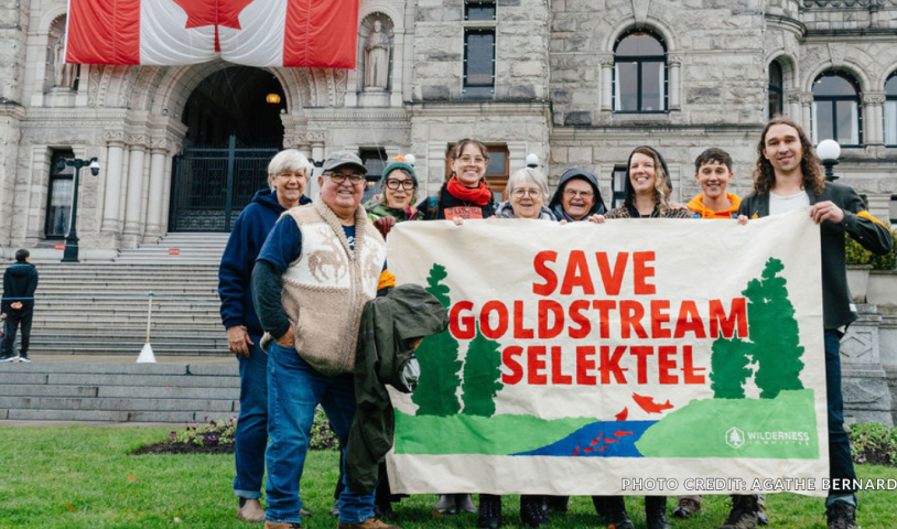 A group of people standing in front of the B.C. legislature building, holding up a sign that says "Save Goldstream SELE₭TEȽ."