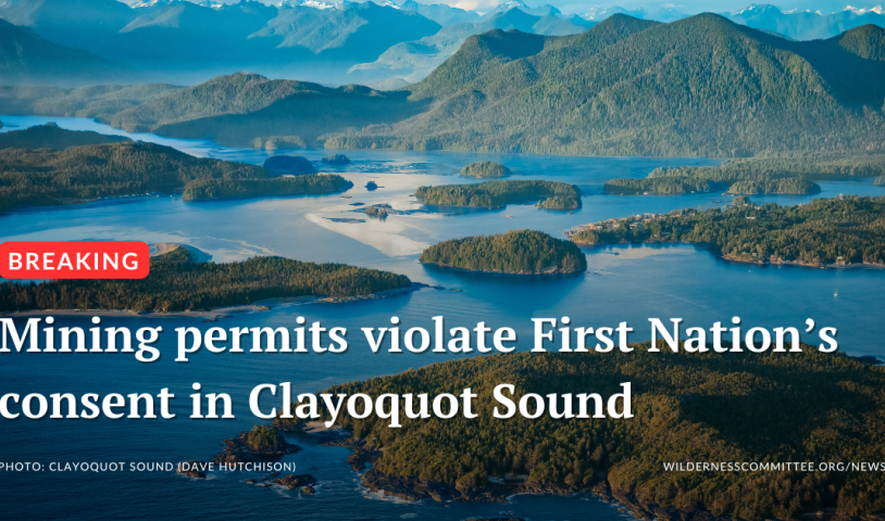 This is an image of Clayoquot Sound superimposed with text about mining permits violating First Nation's rights.