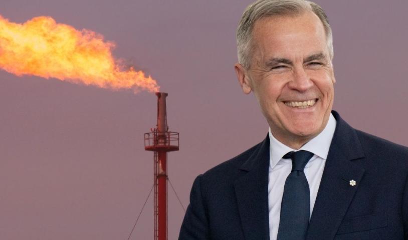 A grinning Mark Carney set in front of a flaring methane