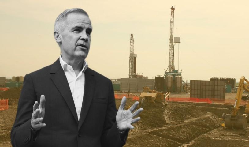 This is an image of PM Mark Carney superimposed on a photograph of mining operations.