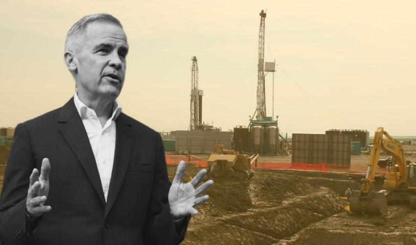 This is an image of PM Mark Carney superimposed on a photograph of mining operations.