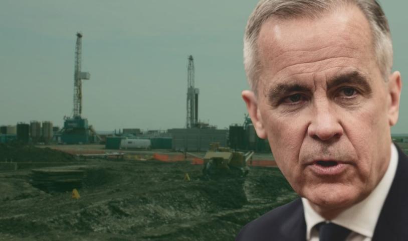 Mark Carney superimposed on top of a fracking site. End of image description.