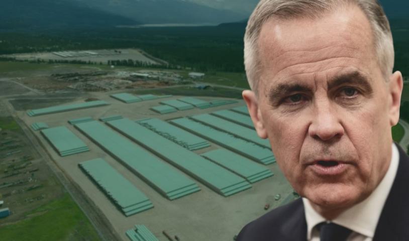 A photo of Carney superimposed over a megaproject. End of image description.