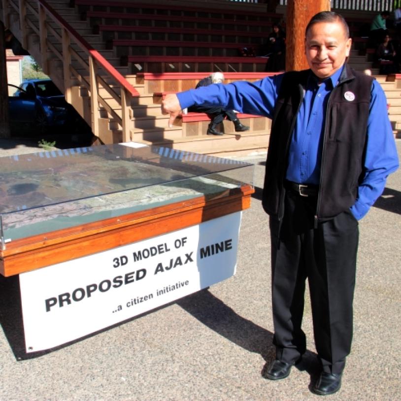 Grand Chief Stewart Phillip gives a thumbs down to proposed Ajax mine