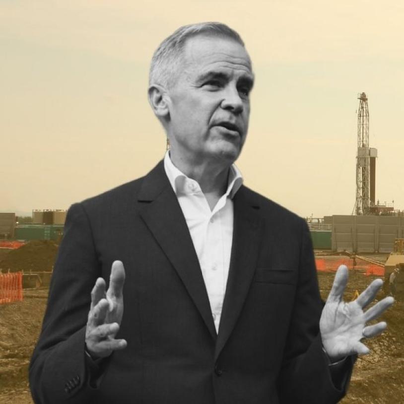 This is an image of PM Mark Carney superimposed on a photograph of mining operations.