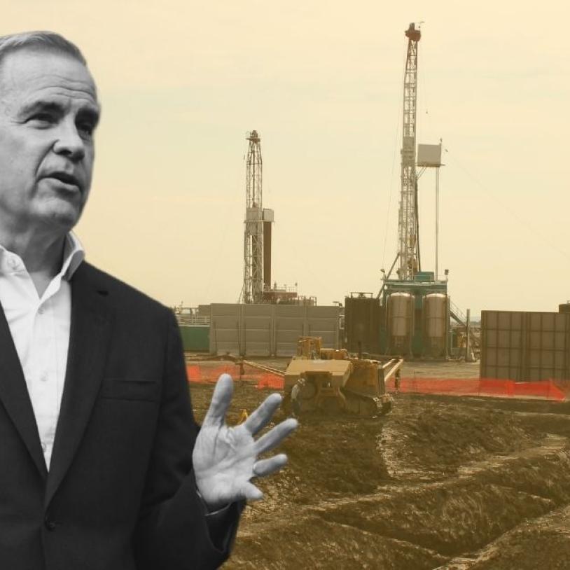 This is an image of PM Mark Carney superimposed on a photograph of mining operations.