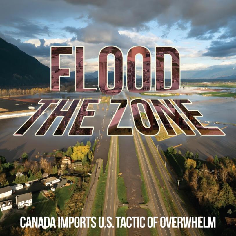 An image of Flood waters covering Highway 1 in Abbotsford, B.C. with the publication title "Flood the Zone" laid out over the image. End of description.-publication-image